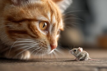 Ginger cat stares intently at a tiny mouse.