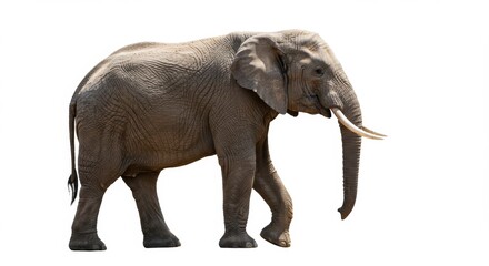 Fototapeta premium Majestic African Elephant Isolated on White Background Displaying Wrinkled Skin and Ivory Tusks in Natural Daylight Offering Wildlife Conservation Appeal
