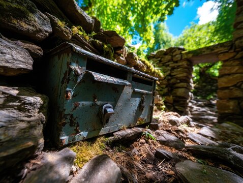 Rustic teal metal mailbox embedded in moss-covered stone wall in sunlit leafy pathway