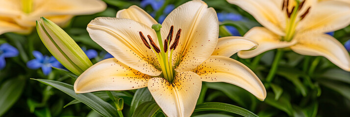 Obraz premium A beautiful oriental cream lily with brown stamens blooms in a garden of blue flowers.