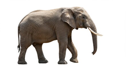 Fototapeta premium Majestic African Elephant Walking Isolated on White Background, showcasing its Powerful Build and Textured Skin, a Symbol of Wildlife Conservation and Natural Beauty