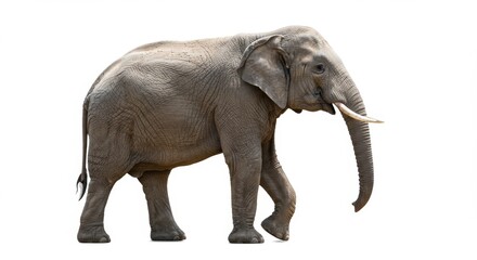 Majestic African Elephant Walking Proudly Isolated on White Background Showcasing its Strength and Grace in a Full Body Shot Wildlife Conservation Animal Theme