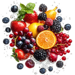 Assorted Fruits and Berries with Water Splash Isolated on Transparent Background