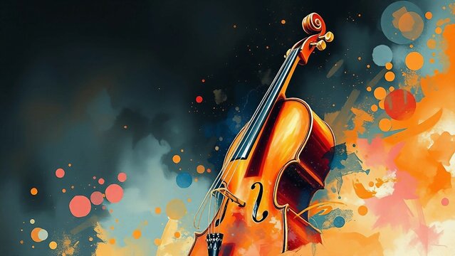 K&uuml;nstlerisches Cello vor abstraktem Hintergrund mit leuchtenden Farbspritzern &ndash; modern und kreativ inszeniertes Musikinstrument.