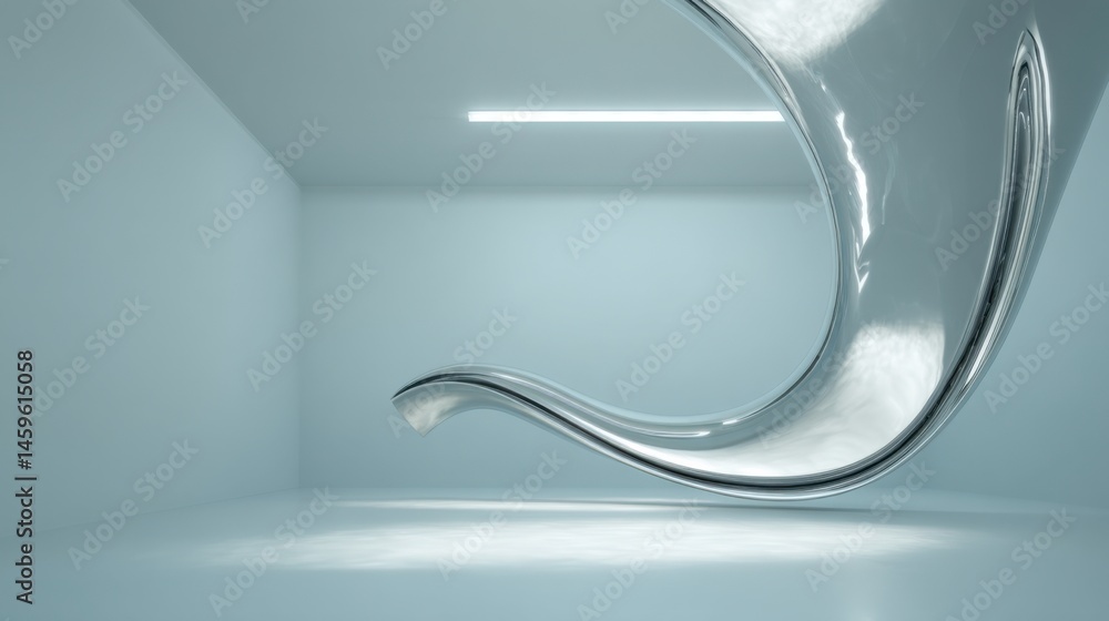 Poster modern abstract sculpture suspended in minimalistic gallery space with soft lighting during daylight