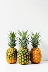 Fototapeta premium Trio of vibrant pineapples arranged on a pristine white surface, showcasing their tropical essence and natural beauty.