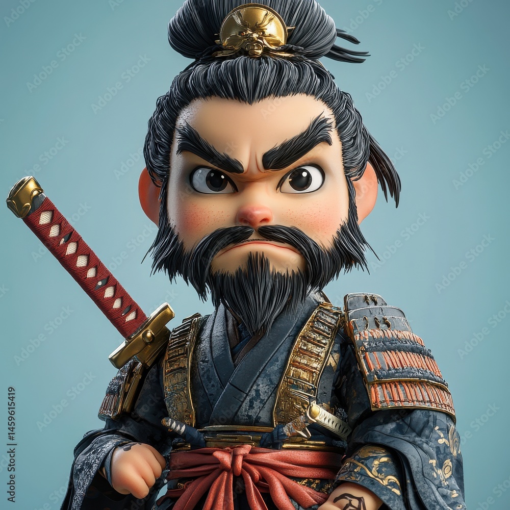 Poster a 3d caricature of a samurai with a comically large sword and a tiny helmet.