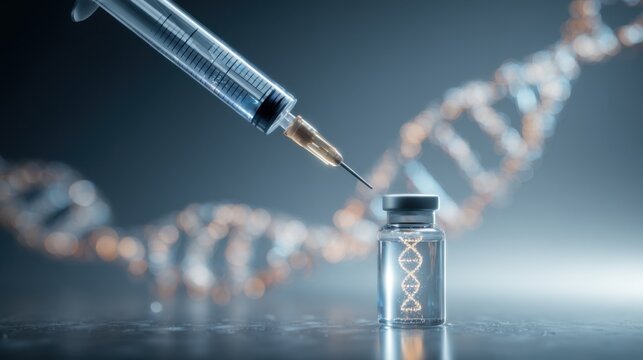 Syringe poised above a vial containing DNA helix illustrating advancements in genetic therapies and vaccinations
