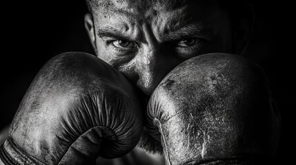 Close-up monochrome portrait of a determined fighter.