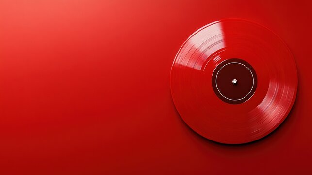 Red vinyl record on red background music audio and design