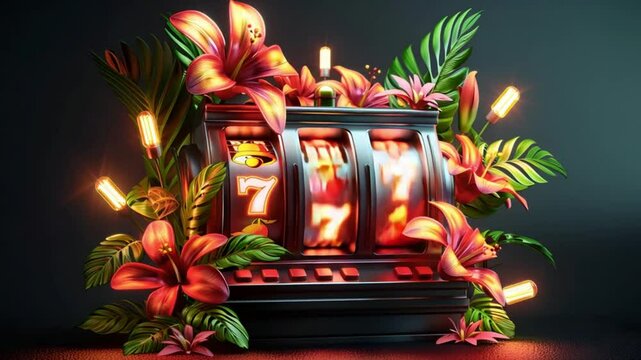 A slot machine with three sevens surrounded by tropical flowers and light bulbs on a black background, symbolizing the casino, luck and celebration.