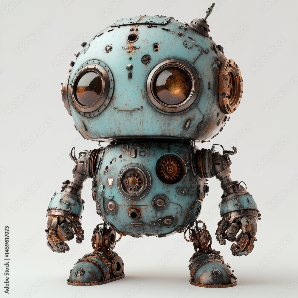 Poster a 3d caricature of a robot with exaggeratedly big gears and tiny wheels.