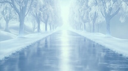 Naklejka premium Frozen River Pathway: A Serene Winter Wonderland