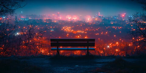 Obraz premium Empty bench offers serene view of distant fireworks illuminating the night sky over the city landscape