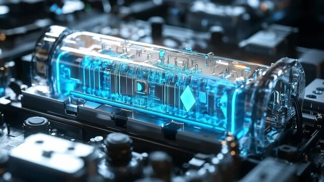 High-tech MG battery cell with dendrite-free anode and glowing blue electrolyte, housed in a transparent case. Positioned in futuristic circuit environment, designed for advanced power storage systems