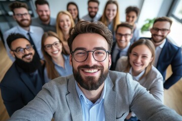 Fototapeta premium Smiling Businessman Taking Selfie with Team at Office