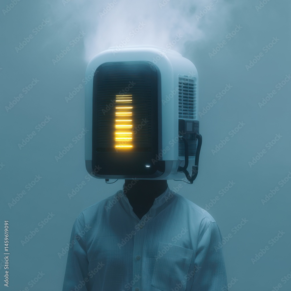 Poster mysterious figure stands with a unique mechanical contraption in place of head, creating a surreal a