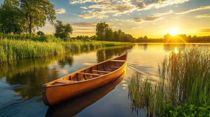 Obraz premium Peaceful canoe ride at sunset, a serene escape into nature's beauty, enjoying the tranquility.