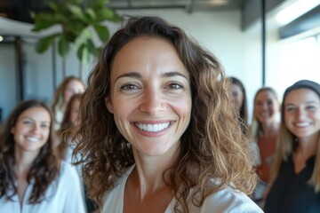 Fototapeta premium Smiling Businesswoman Taking Selfie with Team at Office