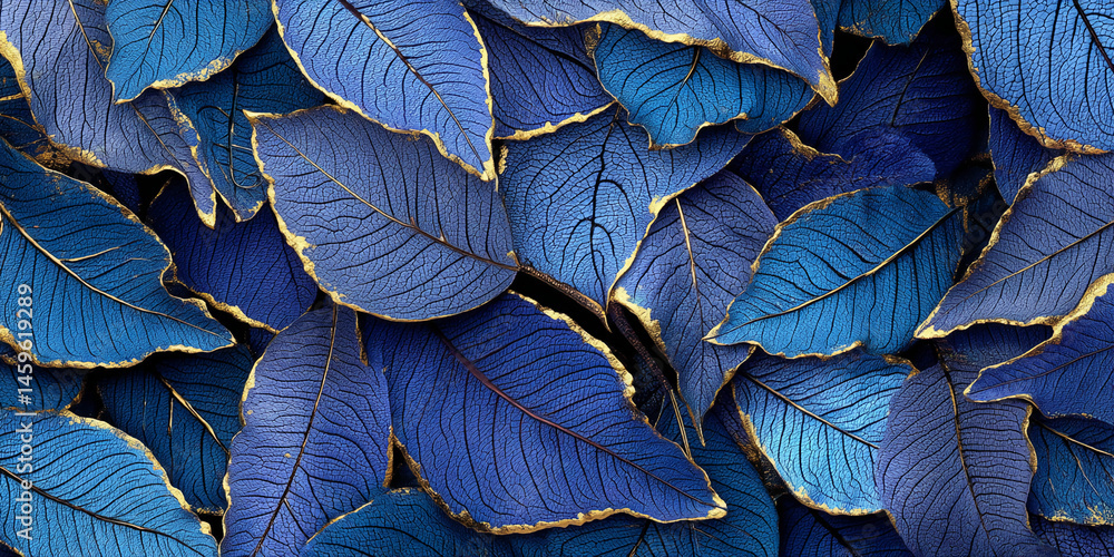 Poster blue leaves with gold edges, creating a luxurious and textured background suitable for various desig