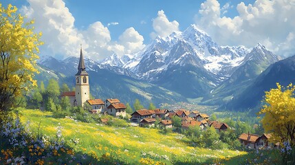 Fototapeta premium Idyllic mountain town with lush greenery view high resolution picture