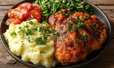 Crispy fried chicken served with creamy mashed potatoes, vibrant tomato salad, and fresh greens.  A delicious and hearty meal