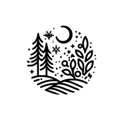 Obraz premium Minimalist Nightscape Circle Illustration, Nature & Stars, Monoline Style