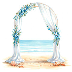 Watercolor Beach Wedding Arch with Blue Flowers and Curtains for Invitations, Decor, and Romantic Coastal Art Prints