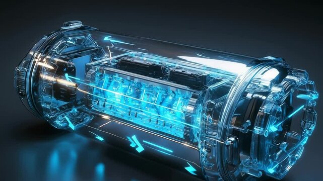 Futuristic MG battery cell with a clear cylindrical casing, showing dendrite-free anode and vivid blue electrolyte. Designed for next-gen power systems, energy innovation, and electric technologies.