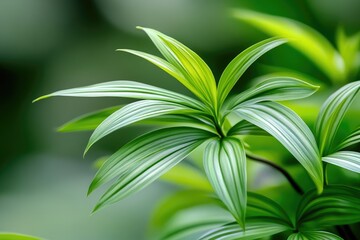 Vibrant green leaves, closely grouped, with a soft focus, creating a lush, natural scene.  Leaves have a striped or veined appearance,  with varying shades of green