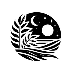 Nighttime Coastal Silhouette - Nature Icon in Circle