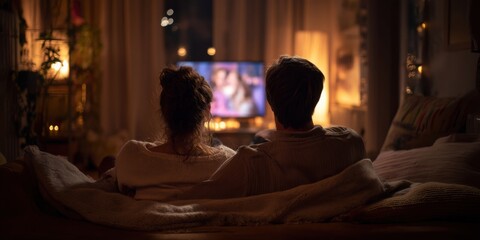 Cozy evening at home with friends enjoying a movie night in a softly lit living room