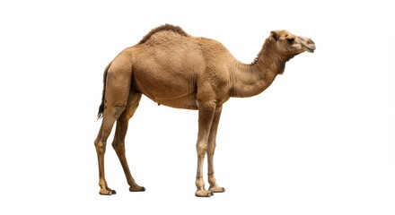 Majestic Dromedary Camel Standing Tall Against a Pristine White Background, Showcasing its Graceful Form and Adaptations for Desert Life in Vivid Detail