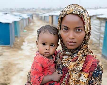 Refugee mother holds her baby in a camp