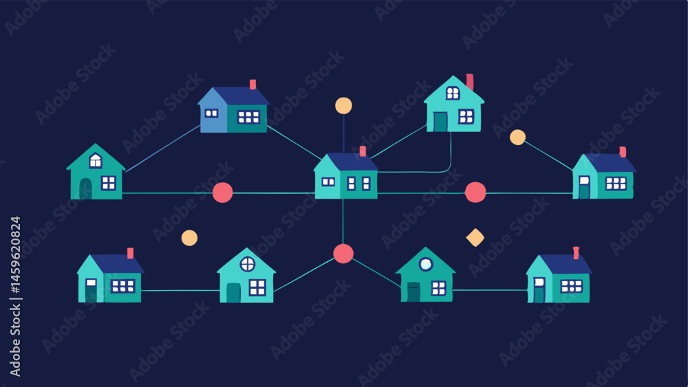 Poster digital neighborhood map a neighborhood map with dotted lines to various houses incorporating blockc