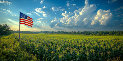 Midwest cornfield with American flag waving under a vibrant sky during daylight