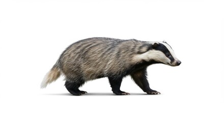 Fototapeta premium Majestic European Badger Walking Isolated on White Background Captivating Wildlife Photography for Nature Enthusiasts and Conservation Projects showcasing animal behavior and grace