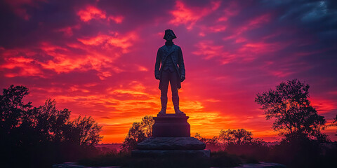 Silhouette of Minute Man Statue against a vibrant sunset sky in historical outdoor setting