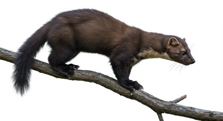 Majestic European Pine Marten Poised on a Branch Against a Clean White Background Captivating Wildlife Photography Showcasing Natural Beauty and Agility in a Pristine Setting