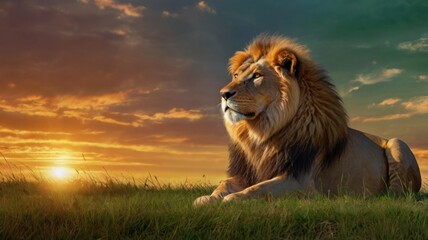 Majestic lion at sunset. A powerful male lion rests on a grassy plain, bathed in the warm hues of a vibrant sunset.  The sky is filled with dramatic clouds