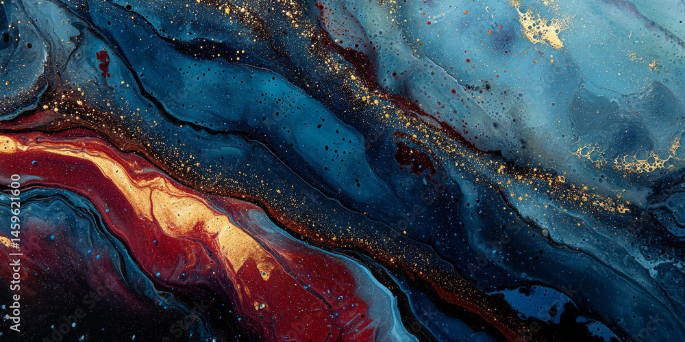 Poster abstract fluid art painting in shades of deep blue, red, and gold glitter, creating a dynamic and lu