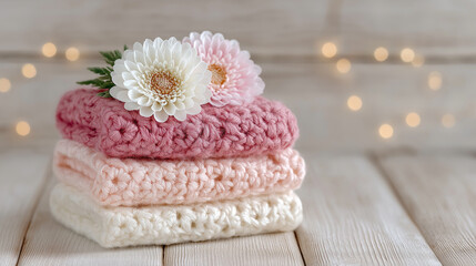 Stack of Knitted Blankets: A cozy stack of knitted blankets, topped with delicate flowers, is an inviting display of warmth and comfort, offering a sense of serenity.