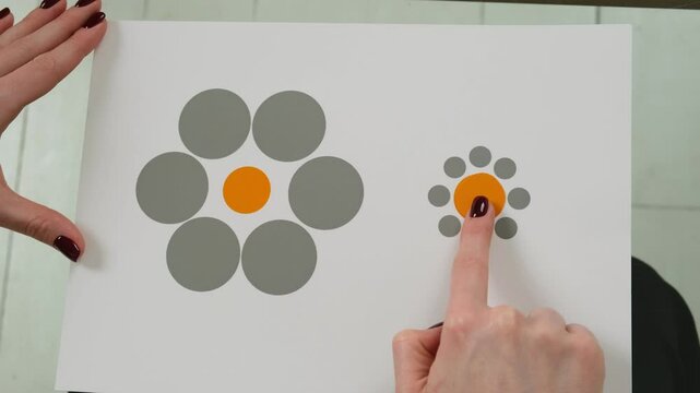 Ebbinghaus illusion with identical orange circles. Titchener circles optical illusion demonstrating size perception. Identical circles surrounded by varying sizes
