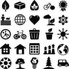 Vector ecology icons set with nature, recycling, tree, and hand symbols in black silhouette design