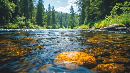Crystal-clear river flows through lush forest, shallow water reveals smooth river stones