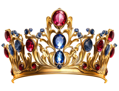 Gold crown with red and blue gems, isolated on Png Format and Transparent Background - Powered by Adobe