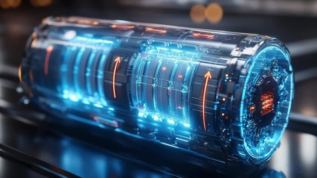 Futuristic MG battery cell with a transparent casing showcasing dendrite-free anode and glowing blue electrolyte. High-tech energy storage design, ideal for advanced electric or AI-powered systems.
