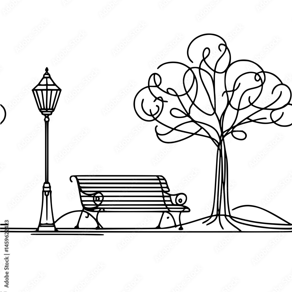 Poster minimalist line art of a park scene with bench and tree, single line outline vector