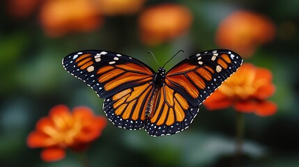Fototapeta premium Butterfly mid flight captured slow shutter speed emphasize rapid yet graceful movement background soft blur of flower creating stunning contrast butterfly sharply defined wing flight image conveys