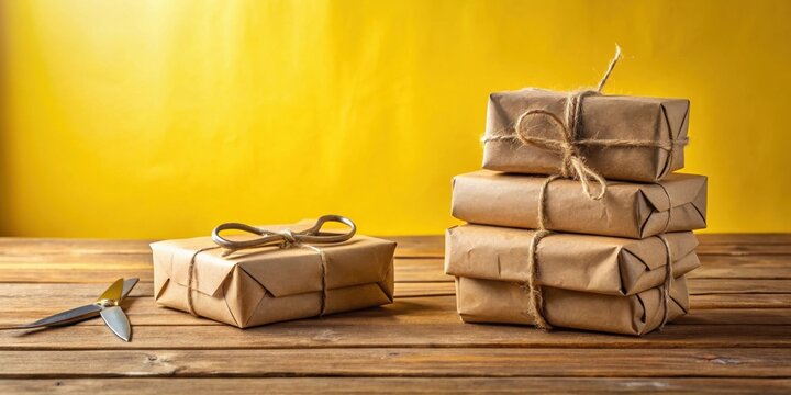 Rustic Brown Paper Packages Tied with Twine on Wooden Surface Against Yellow Background